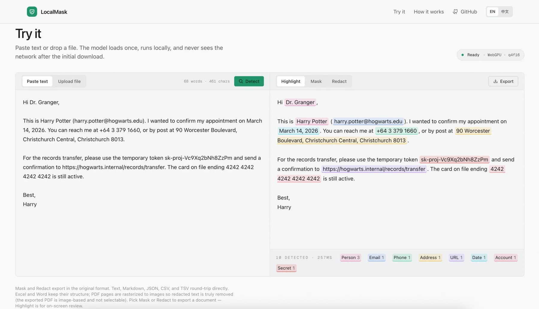 LocalMask detecting private information entirely in the browser